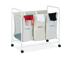 Relaxdays Panier Compartiments, 100 litres Corbeille 3 bacs Sac a Linge roulettes, 76 x 80 x 46cm, beige, polyester, fer, PVC, 1