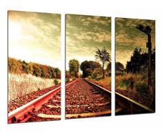 Tableau Moderne Photographique, Impression sur bois, Pistes de train Vintage paysage en automne, 97 x 62 cm, ref. 26793