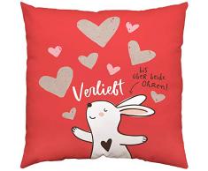 Zeasent Happy Life 45336 Baumwoll-Kissen, mit Hase, Verliebt BIS über beide Ohren, 40 cm x 40 cm Coussin décoratif, Rouge/Blanc