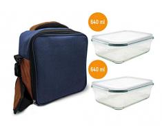 NERTHUS FIH 462 Lunch Bag Navy + 2 Rec, Sac Thermique de Transport daliments, avec 2 contenants hermétiques en Verre, Bleu, Taille Unique