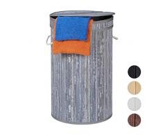 Relaxdays Panier Bambou, Pliable, Corbeille Ronde, 65 L, Sac à Linge, à 40 cm, Gris, Polyester