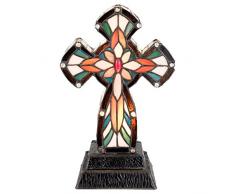 Lumilamp 5LL-5190 Lampe de Table Style Tiffany avec Croix 20 x 12 x 32 cm / E14 / Max. 2 x 7 W Parapluie décoratif en Verre coloré Style rétro Antique