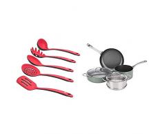 LEVIVO Set daccessoires de Cuisine en Silicone composÃ© de 5Â Couverts, spatule, Ã©cumoire, Rouge/Gris + AmazonBasics Ensemble de 6 Accessoires de Cuisine Multifonctions pour plaques Ã Induction