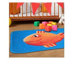 HOK- Tapis Ultra Doux Poisson Rouge Bleu - Polyester - 130 X 180 cm - Tapis Chambre Enfant - Made in Europe