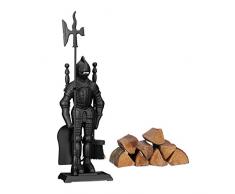 Relaxdays Serviteur Chevalier en Fonte - Set de 4 Accessoires : Une Pelle, Un Balai, Un tison et Un Support - Noir - Revêtement thermolaqué - Standard