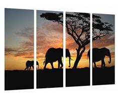 Tableau Moderne Photographique, Impression sur bois, Paysage coucher de soleil nature africaine, Ã©lÃ©phants animaux, 131 x 62 cm, ref. 26870