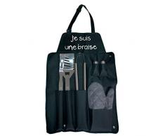Incidence Paris 38413 Kit tablier et accessoires Barbecue Je suis une braise 7 pièces 6 ustensiles Noir et gris Inox et tissu H4 x 43 x 60 cm