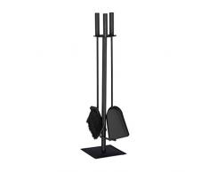 Relaxdays 10028775 Ensemble serviteur de cheminée 4 pièces acier accessoire pelle balai support tisonnier, noir, plastique, bois, 61 x 15 x 15 cm