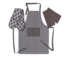 Penguin Home 3519 Ensemble Tablier, Gant Double et 2 torchons de Cuisine-100 Doux, Durable, résistant à la Chaleur et Super Absorbant, Gris/Blanc, Coton, 70 X 90, 18 X 90, 45X 65 cm