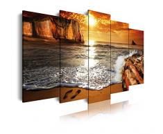 Dekoarte 268 - Tableau moderne sur toile montÃ© sur cadre en bois 5 piÃ¨ces XXL, nature cocher de soleil sur la plage, 200x100cm