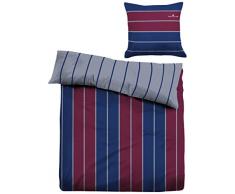 Tom Tailor 69513/811/003 Housse de Couette Satin/Coton MercerisÃ© Double ImprimÃ© RÃ©versible Ã Rayure Rouge/Bleu 155 x 200 cm + 1 Taie dOreiller 80 x 80 cm