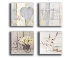Lot de 4 tableaux muraux style shabby chic pour chambre à coucher vintage vélo fleurs 30 x 30 cm XXL Impression sur toile moderne ameublement salon chambre à coucher cuisine bureau