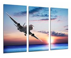 Tableau Moderne Photographique, Impression sur bois, Avion de passagers dans le ciel, coucher de soleil dans la mer, 97 x 62 cm, ref. 26909