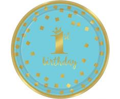 Amscan 10022546 Lot de 8 assiettes Ã dessert en papier Bleu/dorÃ© 18 cm