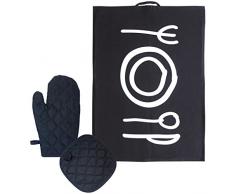 laroom 13943Â âÂ Set Torchon Cuisine Coton et Gants Four Assiette et Couverts, Couleur Noir