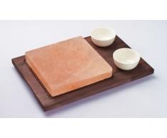 Plaque de sel rose carré, Base en bois color Wenge avec deux bols en porcelaine