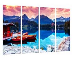 Tableau Moderne Photographique, Impression sur bois, Paysage Nature Montagnes dans le lac, Bateau dans la rive, 131 x 62 cm, ref. 27046