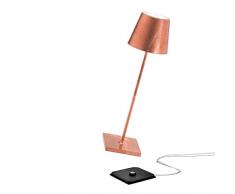 Zafferano Poldina Pro - Lampe de table LED à intensité variable en aluminium, Protection IP54, Utilisation intérieure/extérieure, Base de chargement par contact, H38cm, Prise UE - Fueille de Cuivre