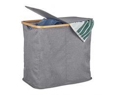 Relaxdays Panier tissu bambou, Coffre pliable, Corbeille Ã linge, 2 compartiments, 74 L, gris, polyester, One size