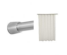 iDesign tringle extensible pour rideau de douche, extra-petite barre de douche en acier inoxydable, argenté mat & AmazonBasics Rideau de douche en tissu imprimé 180 x 200 cm Chevrons Beige