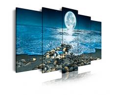 Dekoarte 400 - Tableau moderne sur toile montÃ© sur cadre en bois 5 piÃ¨ces, nuit de plage avec la lune, 150x80cm