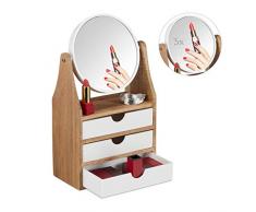 Relaxdays 10027619 Organiseur Enlèvement de Maquillage, 3 Tiroir, pour Coiffeuse, Miroir grossissant, 34 x 19 x 10,5 cm, Naturel/Blanc