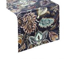 Eurofirany Chemin de Table en Velours avec Fleurs et Feuilles Bleu Marine 33 x 140 cm