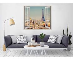 Autocollants 3D en Vinyle pour fenêtre - Dimensions : 150 x 130 cm - Adhésif Inclus - Décoration de Chambre - Paris - Tour Eiffel - Vue panoramique - Design élégant