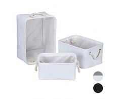 Relaxdays 10027838_49 Panier rangement, jeu de 3, avec anse, Etagère en 3 dimensions, boîte rectangulaire en tissu, armoire, blanc, polyester, 22 x 40 x 30 cm
