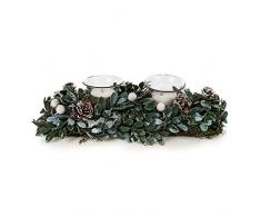 EUROCINSA Réf. 29046 Lot de 2 photophores avec Verre pour 2 Bougies sur Base de Branches et dananas 28 x 8 x 11 cm 1 Set, Vert, Taille Unique.