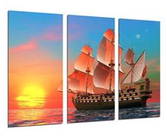 Tableau Moderne Photographique, Impression sur bois, Voilier antique, caravelle, guerre, mer au coucher du soleil, 97 x 62 cm, ref. 26525