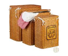Relaxdays Coffres à Linge Bambou Set de 3 Corbeille à Linge Couvercle Sac à Linge Tissu Amovible, Miel