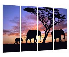 Tableau Moderne Photographique, Impression sur bois, Coucher de soleil dans le dÃ©sert, animaux, Ã©lÃ©phants, 131 x 62 cm, ref. 26639