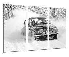 Tableau Moderne Photographique, Impression sur bois, Car Racing Vintage Rally dans le paysage enneigé, 97 x 62 cm, ref. 26888