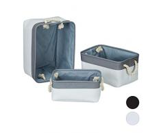 Relaxdays 10027838_1084 Panier Rangement, Jeu de 3, avec Anse, Etagère en 3 Dimensions, boîte rectangulaire en Tissu, Armoire, Polyester, Blanc-Gris, 22 x 40 x 30 cm