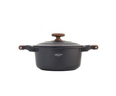 Oroley Casserole Haute Fonte daluminium Nature avec Couvercle Poignée Effet Bois 24 cm, Fer, Noir