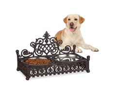 Relaxdays Gamelle chiens style antique double Ã©cuelle antiquitÃ©s fonte fer forgÃ© 1 litre bols inox, marron, 27 x 45 x 24,5 cm