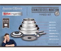 Tefal Ingenio Jamie Oliver Set de casseroles compatible avec tous types de plaques de cuisson en acier inoxydable, Acier inoxydable, acier inoxydable, 9-teilig