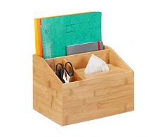 Relaxdays 10028809 Organiseur de Bureau, 3 Compartiments avec boîte à Mouchoir, Bambou, HxLxP: 19,5 x 28 x 22 cm, Nature, 1