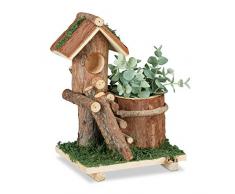 Relaxdays 10031006 Pot de Fleurs en Bois, avec Maison dâOiseau de dÃ©co & la Mousse, souche dâArbre, dÃ©coration Rustique, Marron, 1 Ã©lÃ©ment
