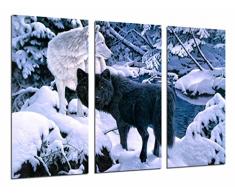 Tableau Moderne Photographique, Impression sur bois, Loup noir et blanc, nature enneigée, 97 x 62 cm, ref. 26582