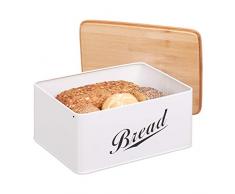 Relaxdays 10024603 Boîte à Pain Couvercle Bambou, Caisse en métal, Design rétro, Bread, Rangement, 14 x 30,5 x 23,5 cm, Blanc