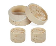 Relaxdays 10027887 cuiseur Vapeur Bambou Lot de 3, Trois paniers asiatiques, 1-3 Ã©tages, Riz, Bamboo Steamer Ã 13,5 cm, Nature