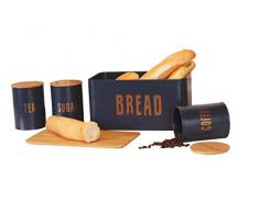 Noval Solutions BoÃ®te Ã Pain rÃ©tro avec revÃªtement Bleu Mat et boÃ®te Ã cafÃ©, thÃ© et Sucre avec couvercles en Bambou Ã©cologique comme Planche Ã dÃ©couper et de Service.