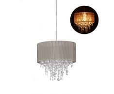 Relaxdays 10029524 lampe suspension en cristal, Abat-jour en organza, E27, lustre pour salon, Hx D 129 x 32 gris/argent, plastique, tissu, mÃ©tal, 1 Ã©lÃ©ment