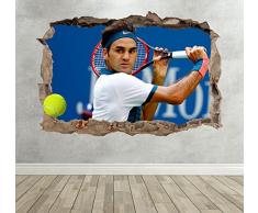Wall Decor 247 Sticker Mural 3D Roger Federer Tennis Smashed Breakout pour Chambre de garçons Filles - Paysage Moyen 50 cm (l) x 35 cm (h)