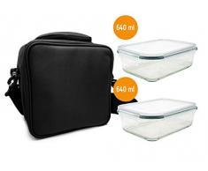 NERTHUS FIH 464 Lunch Bag Noir + 2 Rec, Sac Thermique de Transport daliments, avec 2 contenants hermétiques en Verre, Taille Unique