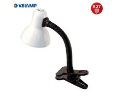 Velamp TL1203-B Lampe Pince, Culot pour Ampoule E27, Compatible LED, Bras Flexible, avec câble et Interrupteur. en métal. pour Chambre denfant, Bureau, Table de Nuit, Chevet, 6 W, Blanc