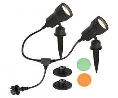 Lampe dextérieur, lampe de jardin, lampadaire, Lot de 2, 2 x LED GU10 3 W 250LM, avec tête de filtres couleur orange, vert, piquet inclus et support mural, pivotant et rotatif, avec fiche alimentationâ¯: 2,0 m, IP44, noir