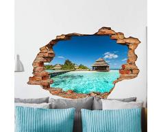Stickers adhÃ©sifs Effet 3D | Sticker Autocollant Bungalows sur Ã®le Tropicale - DÃ©coration Murale Trompe lÅil Chambre et Salon - 60 x 90 cm